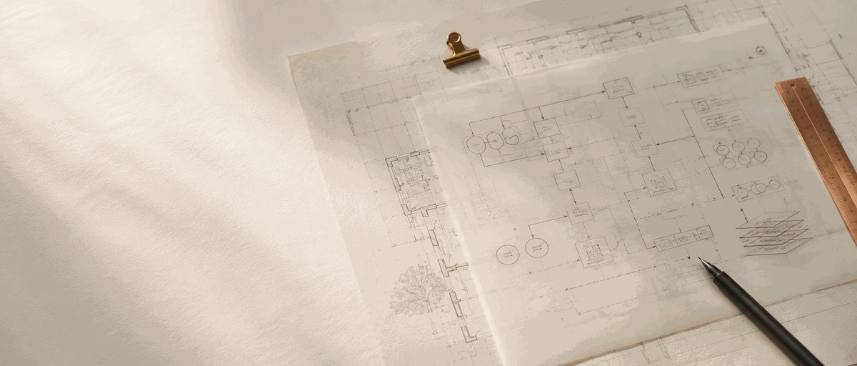 Anonymisierte Mandatsunterlagen mit Strukturdiagrammen auf hellem Schreibtisch
